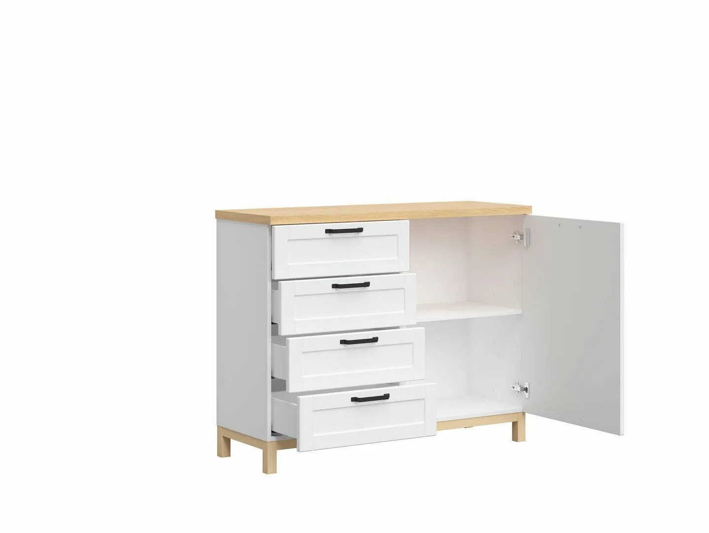 BA-RW106109-3 Moderni komoda su keturiais stalčiais ir durelėmis