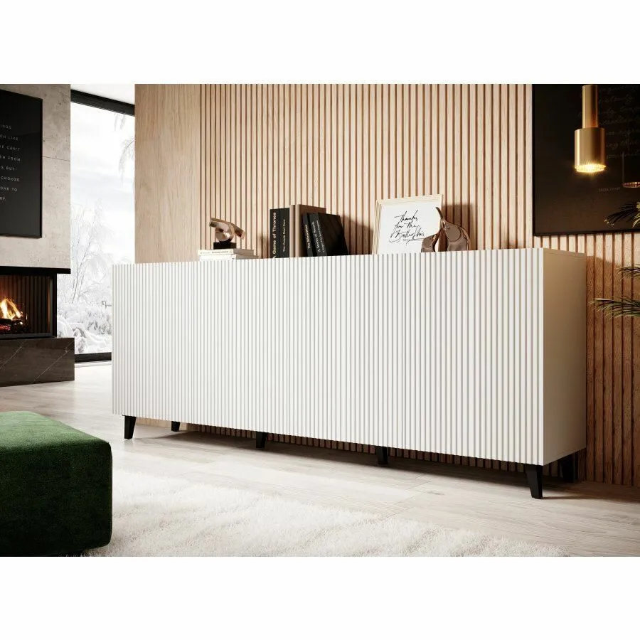BA-MM102769-3 Moderni balta komoda su medinėmis kojelėmis ir stalčiais