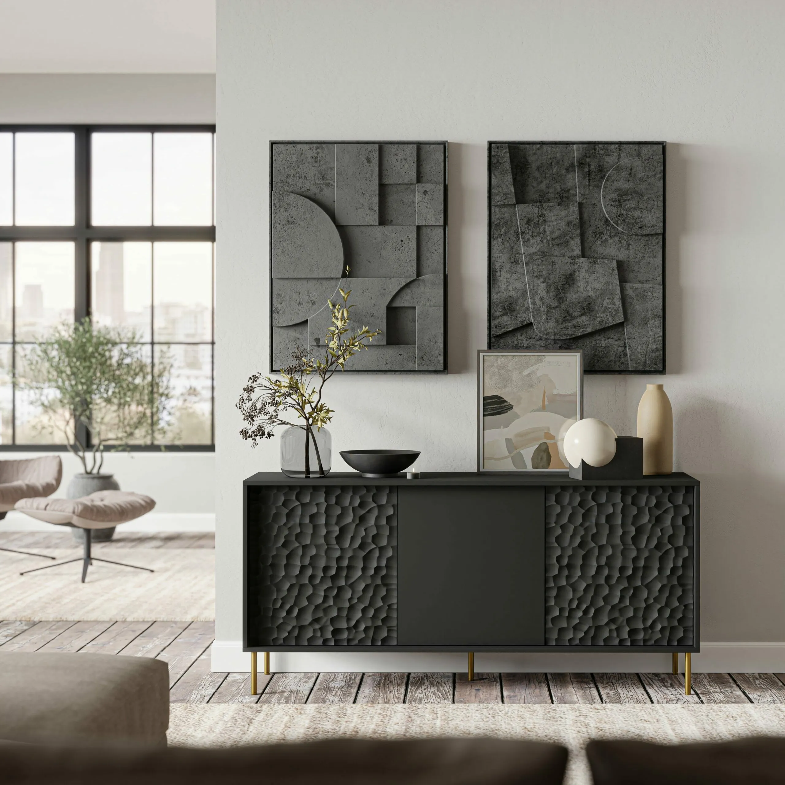 BA-HA105334-2 Modernus TV staliukas su lentynomis ir minimalistiniu dizainu