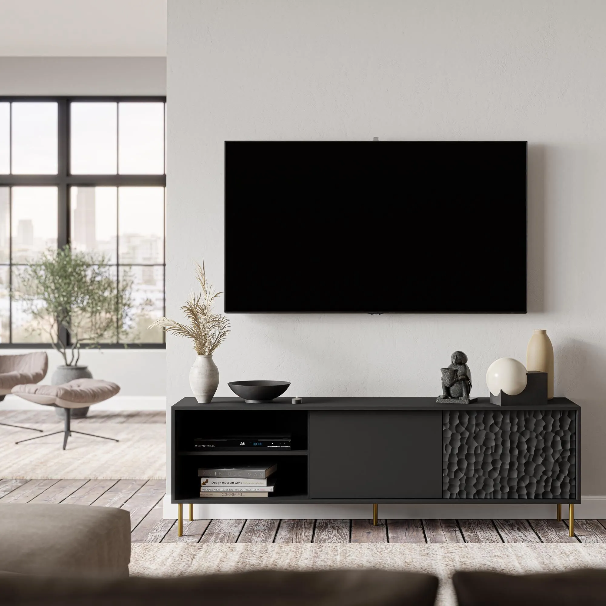 BA-HA105336-2 Modernus TV staliukas HA105336 su lentynomis ir minimalistiniu dizainu