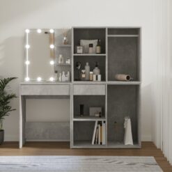 Kosmetinis staliukas su LED ir 2 spintelėmis, pilkas, mediena