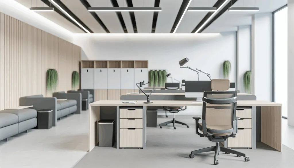 Modernūs biuro baldai su ergonomišku stalu, patogia kėde ir tvarkinga darbo vieta