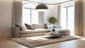 Jauki svetainė su patogia sofa, kavos staliuku ir suderintais svetainės baldais