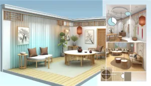 Harmoninga svetainė su baldų feng shui principus atitinkančia sofa ir šviesiu interjeru