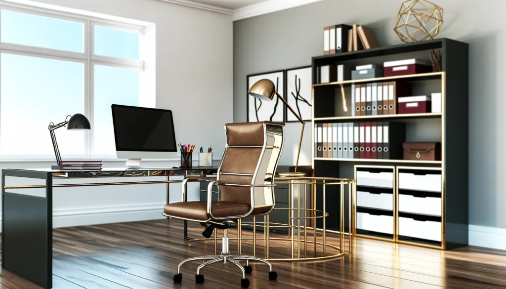 Moderni biuro darbo vieta su ergonomiška kėde, stalu ir šviesiu, tvarkingu interjeru
