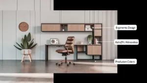 Ergonomiški baldai biurams šviesiame biure su darbo stalu, kėde ir tvarkinga erdve