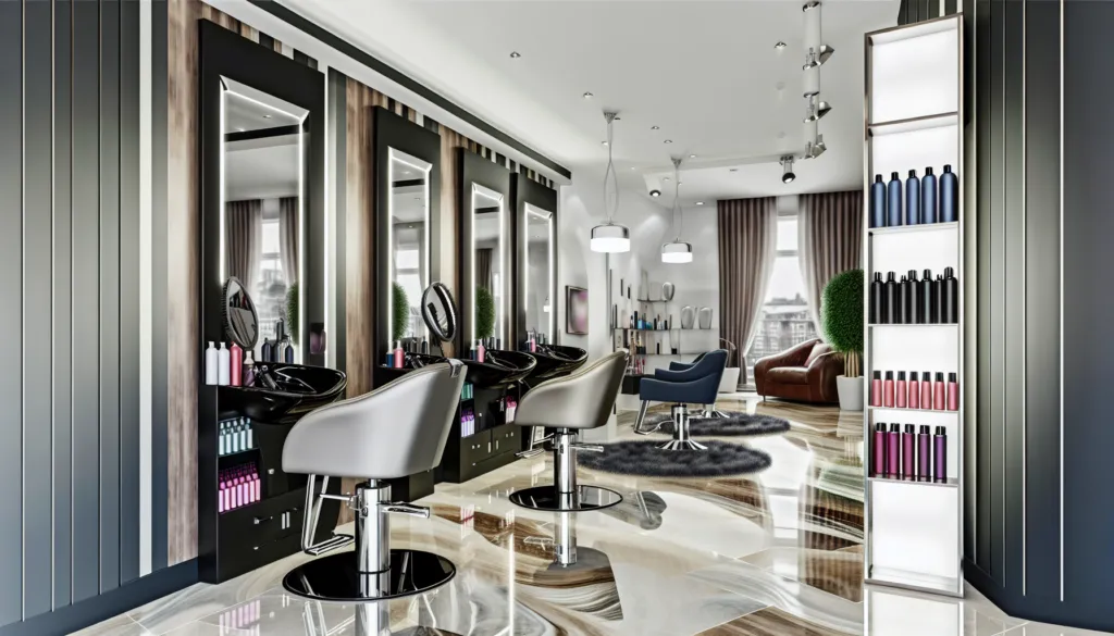 Stilingi baldai kirpykloms ir grožio salonams su veidrodžiu, darbo vieta ir patogia kėde