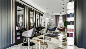 Stilingi baldai kirpykloms ir grožio salonams su veidrodžiu, darbo vieta ir patogia kėde