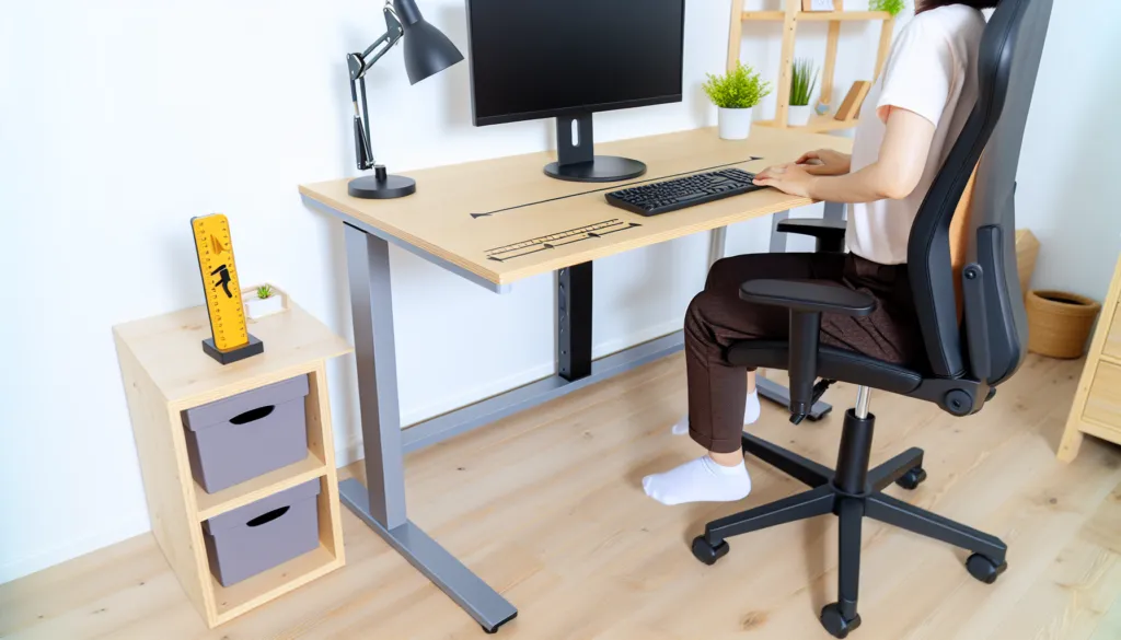Ergonomiškas darbo stalas namams šviesiame kambaryje su kėde ir monitoriumi