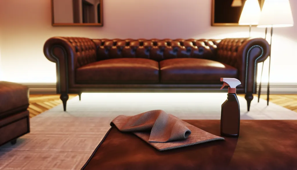 Jauki svetainė su prižiūrima odine sofa, švelnia šviesa ir tvarkingu interjeru