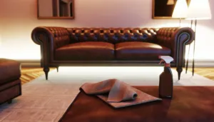 Jauki svetainė su prižiūrima odine sofa, švelnia šviesa ir tvarkingu interjeru