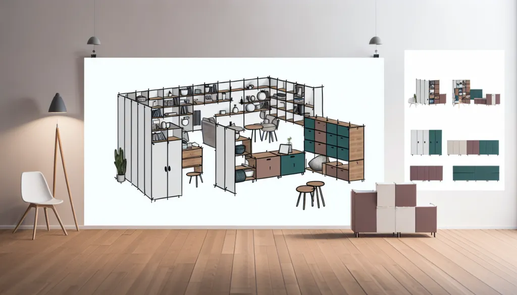 Modulinė baldų sistema svetainėje su kampine sofa, lentynomis ir patogiu išdėstymu