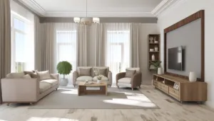 Kokybiškos medžiagos balduose moderniame interjere su mediniu stalu ir tvirta apdaila