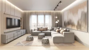 Modernus svetainės interjeras su išmaniaisiais baldais ir 3D spausdinimo detalėmis