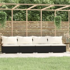 Keturvietė sofa su pagalvėlėmis, juodos spalvos, poliratanas