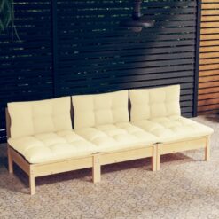 Trivietė sodo sofa su kreminėmis pagalvėlėmis, pušies masyvas