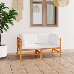Dvivietė sodo sofa su kreminėmis pagalvėlėmis, tikmedis