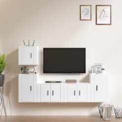 TV spintelių komplektas, 5 dalių, baltas, mediena, blizgus
