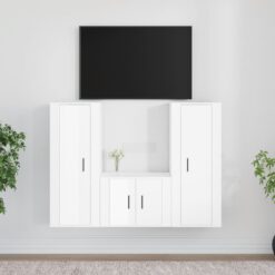 TV spintelių komplektas, 3 dalių, baltas, mediena, blizgus