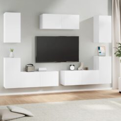 Televizoriaus spintelių komplektas, 7 dalių, baltas, mediena