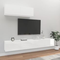TV spintelių komplektas, 3 dalių, baltas, mediena, blizgus