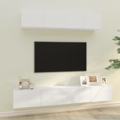 TV spintelių komplektas, 4 dalių, baltas, mediena, blizgus