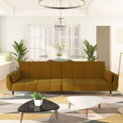Dvivietė sofa-lova su dvejomis pagalvėmis, ruda, aksomas