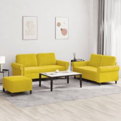 Sofos komplektas su pagalvėlėmis, 3 dalių, geltonas, aksomas