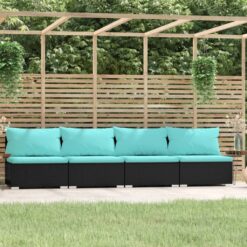 Keturvietė sofa su pagalvėlėmis, juoda, poliratanas