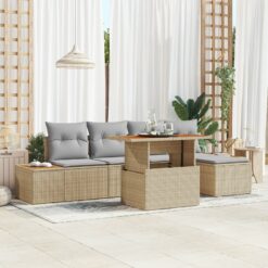 sodo sofa komplektas 6 dalių Smėlio, Pilkas Ratanas, Poliesteris