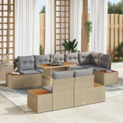 Sodo sofa rinkinys 9 dalių Smėlio, Pilkos Ratanas, Poliesteris