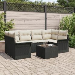 7 dalių sodo sofa komplektas su pagalvėmis Juoda poli ratano