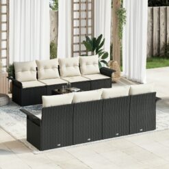 9 dalys sodo sofa komplektas su pagalvėmis juoda poli rataninė