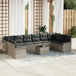 11 dalių sodo sofa komplektas su pagalvėmis pilka poli ratanas
