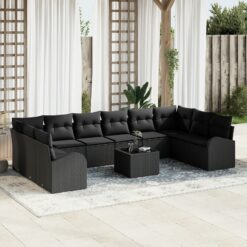 11 dalių sodo sofa komplektas su pagalvėmis, juoda poli ratanas
