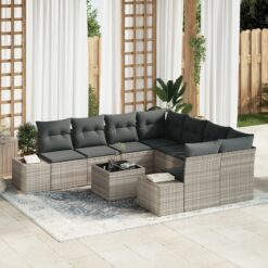 9 vnt Sodo Sofa Rinkinys su pagalvėlėmis Šviesiai pilka Poli Ratanas