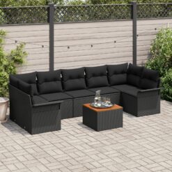 8 Dalių Sodo Sofa Komplektas su Pagalvėmis Juoda Poliratanas Akacija