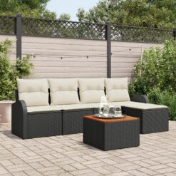 6 Vienetų Sodo Sofa Komplektas su Pagalvėmis Juodas Poli Ratanas Akacija