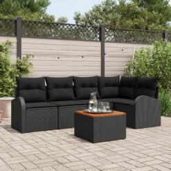 6 dalių sodo sofa su pagalvėmis Juoda Poli ratanas Akacijos