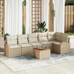 7 Dalių Sodo Sofa Rinkinys su Pagalvėlėmis Kreminė Poli Ratanas Akacija