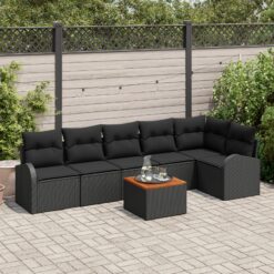 7 dalių Sodo Sofa Komplektas su Pagalvėlėmis Juoda Poli Ratanas Akacija
