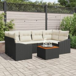7 dalių sodo sofa komplektas su pagalvėmis Juodas Poli Ratanas Akacija
