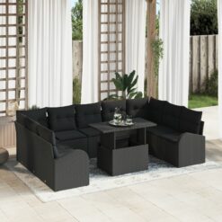 10 dalių sodo sofa komplektas su pagalvėlėmis juodas poliratanas