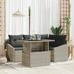 5 dalių Sodo Sofa Rinkinys Su Pagalvėmis Šviesiai Pilkos Poli Ratanas
