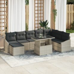 9 Dalių Sodo Sofa Komplektas su Pagalvėmis Šviesiai Pilkas Poli Ratanas