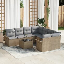 9 dalių sodo sofa komplektas su pagalvėmis Smėlio poli ratanas, 2-vietė sodo sofa su saugykla ir pagalvėmis Smėlio poli ratanas