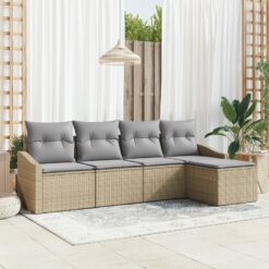 Sodo Sofa Komplektas 5 Dalių Smėlio, Pilka Ratanas, Poliesteris
