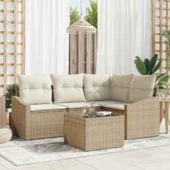 Sodo Sofa Rinkinys 5 Vienetai Smėlio Ratanas, Poliesteris, Putos