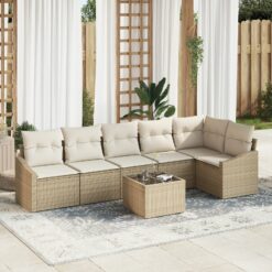 Sodo Sofa Rinkinys 7 Dalių Rinkinys Smėlio Poli Ratanas, Audinys