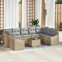Sodo sofa komplektas 10 dalių Smėlio, Pilka Poliratanas, Audinys